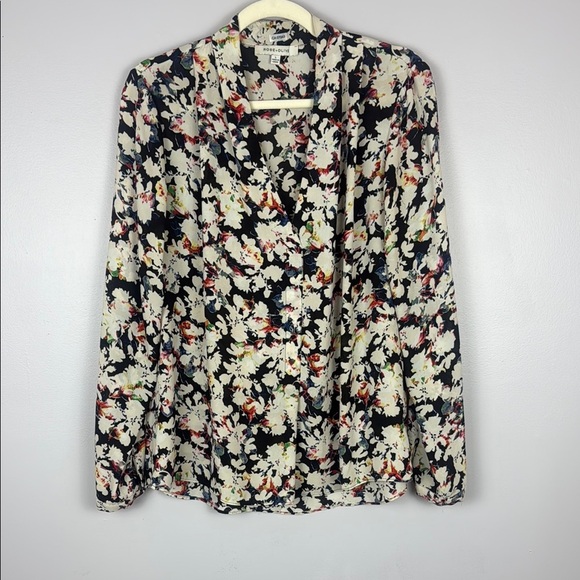 Rose & Olive Black & Cream Floral Buttoned Blouse with Notched Collar Size Large - Picture 2 of 11